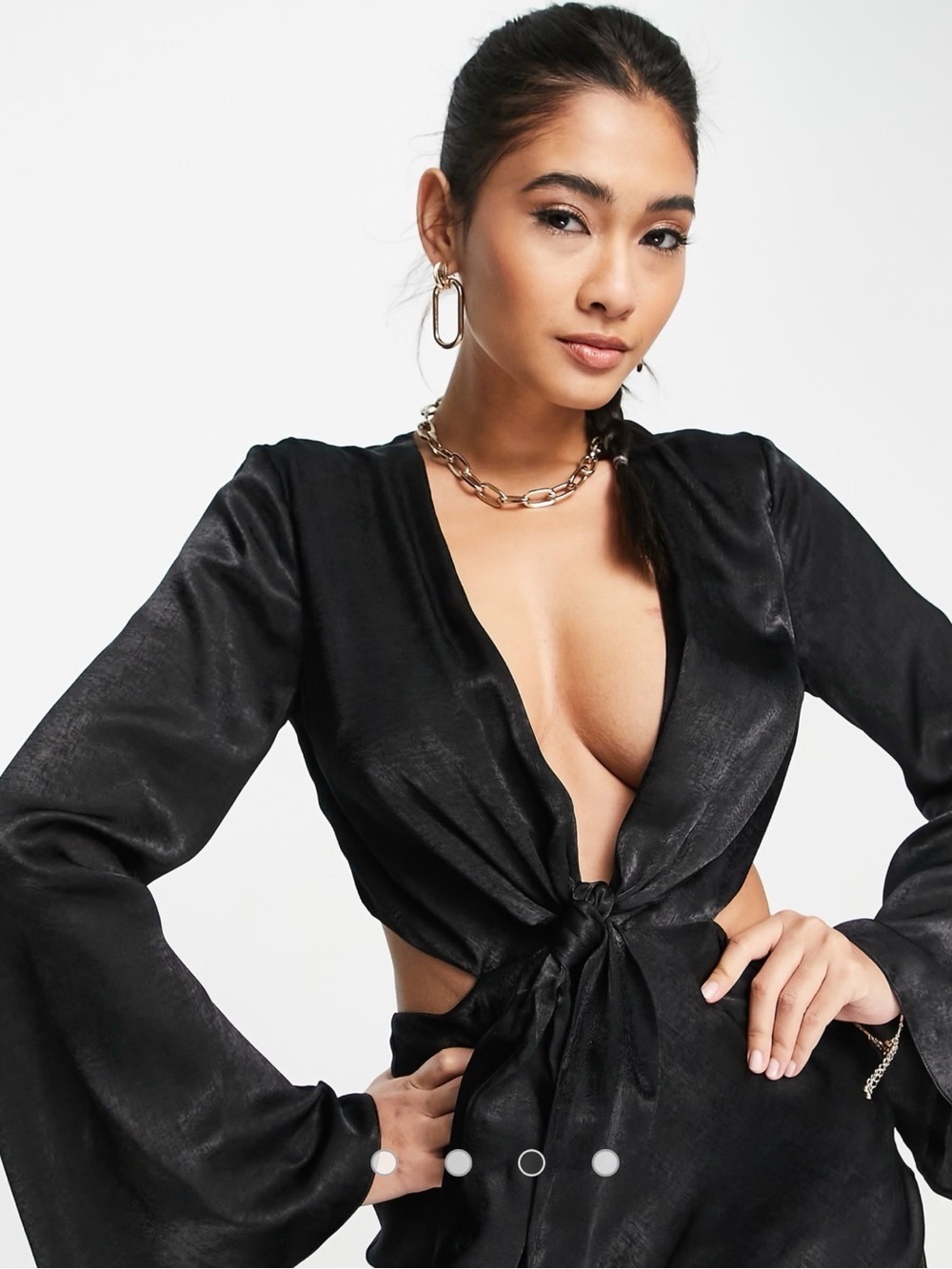 ASOS Black Satin Tie-Front Cut Out Midi Dress - Picture 3 of 9